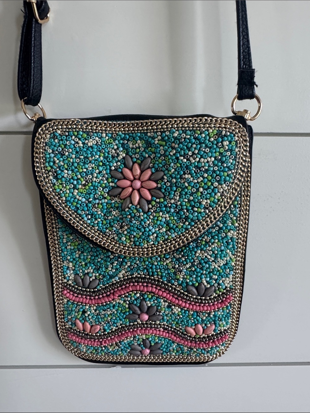 Beaded Floral Crossbody Bag in Turquoise and Pink